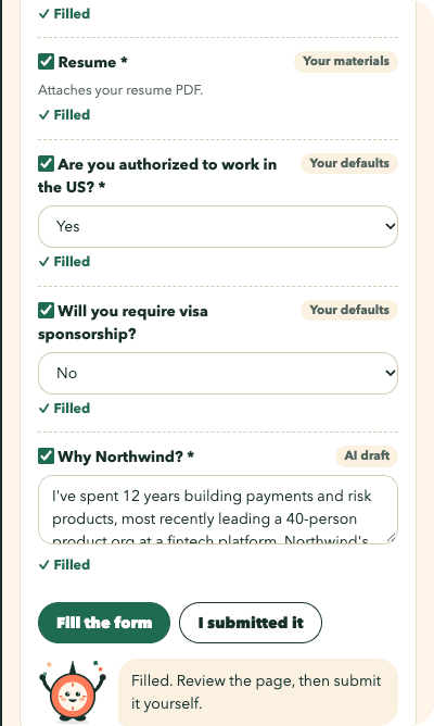 The Compass Apply side panel after filling a sample application: profile answers, attached resume, work authorization, and an AI-drafted answer, each marked Filled.
