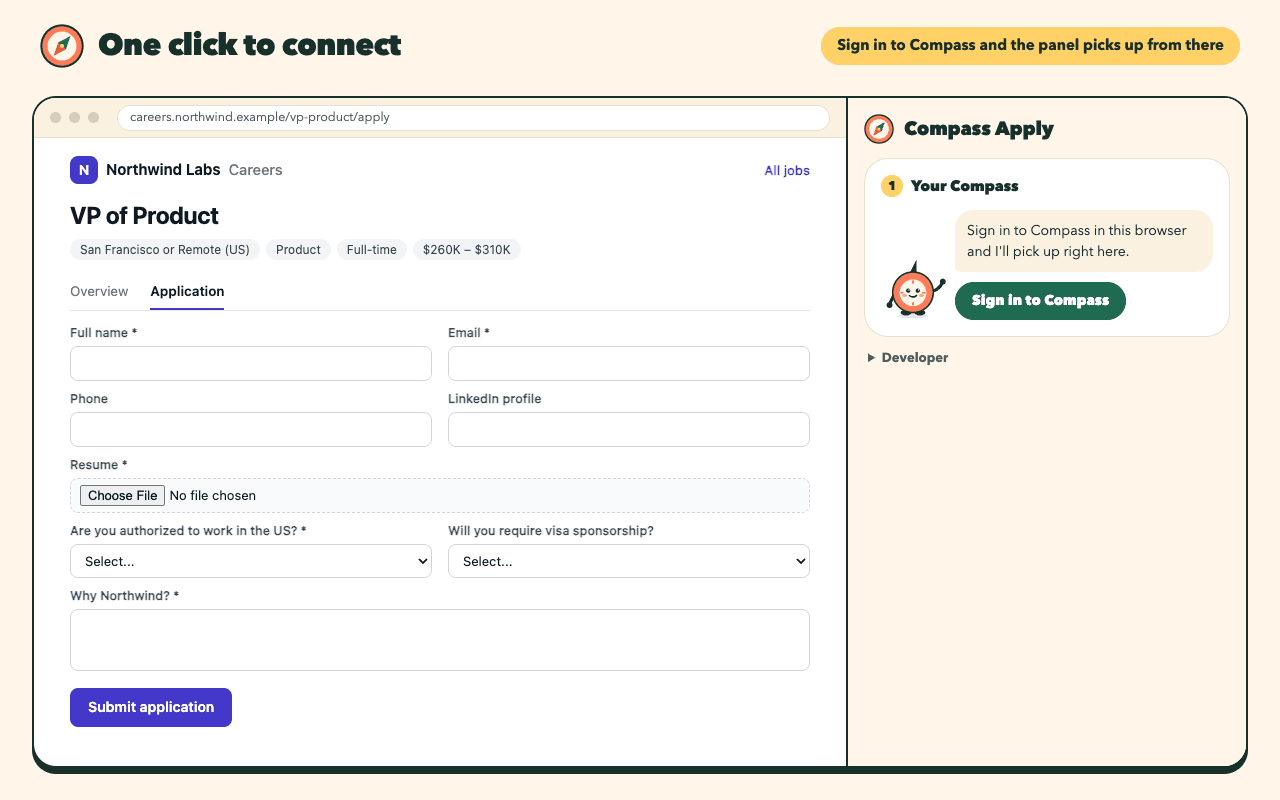 The Compass Apply side panel asking you to sign in to Compass, with a Sign in to Compass button.