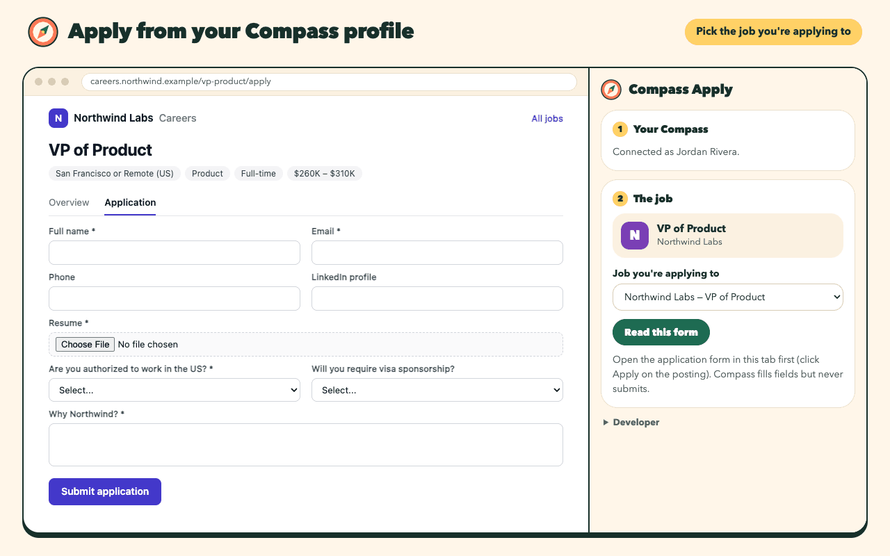 The Compass Apply side panel next to a company's application page, connected to a Compass account and showing the matching tracked job.
