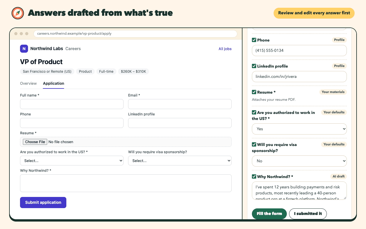 The side panel listing each form field with an answer from the profile, defaults, materials, or an AI draft, each one editable.