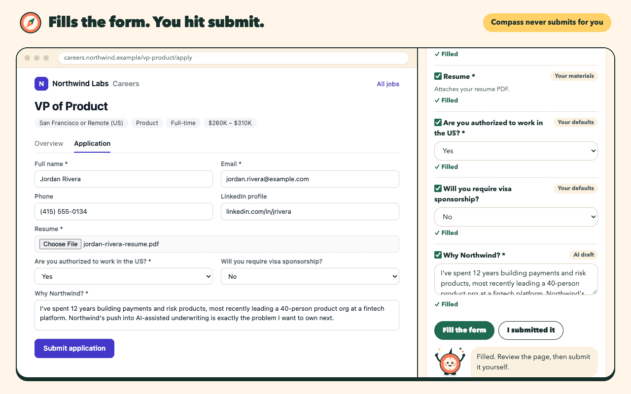 The application form filled in, with the side panel marking each field Filled and the Submit button untouched.